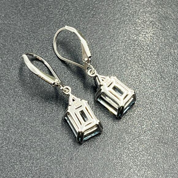 BBJ 925 Sterling Silver Emerald Cut Blue Topaz Sm Sapphire Lever back Earrings - Picture 6 of 9